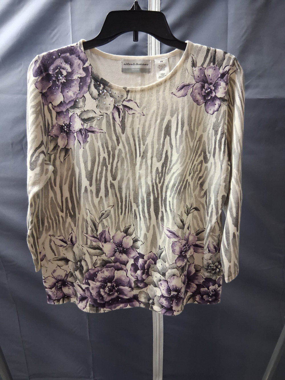 Alfred Dunner Cream Zebra-Print Sweater with Purple Floral Accents